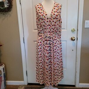 Polk Dot Dress Sleeveless Size XL Ann Klein Beige Blue Red Cottage Core Romantic